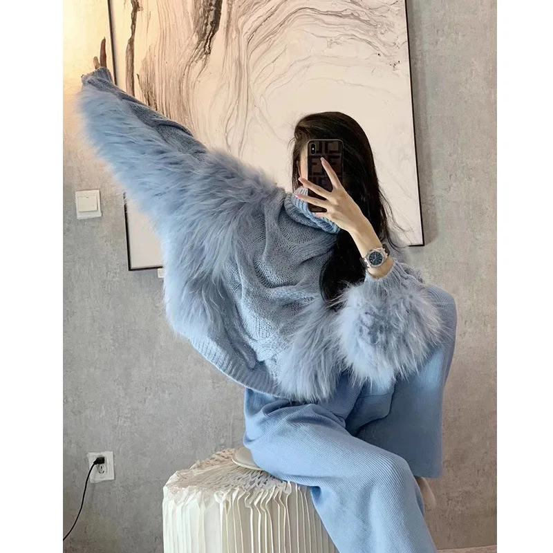 

High Quality Autumn and Winter New Style Woven Fur Coa Women Knit Sweater Stitching Fur Pullover