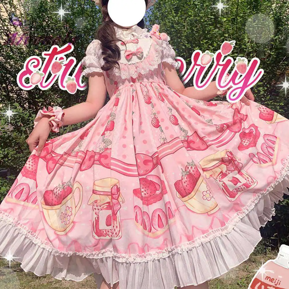 

Summer Japanese Lolita JSK Dress Sweet Lolita Dresses Female Soft Girls Fungus Women Lace High Waist Ruffle Dress AFC699