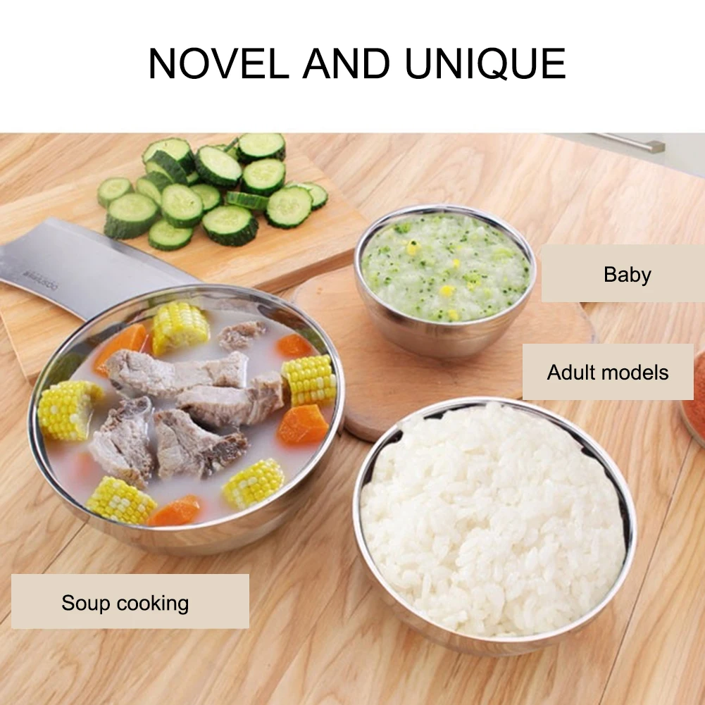 

1pcs Stainless Steel Bowl Double Layer Insulation Noodles Soup Rice Bowl Smooth Rolled Edge Resistant Safe Kids Bowl Food Contai