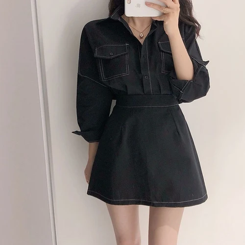 

AIHUYIGUI femme autumn 2 piece set women turn down collar shirt + loose skirt blouse high waist slim a-line skirt cy075