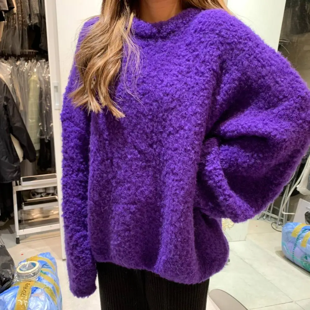 

JSXDHK Oversized Loose Women O Neck Sweaters Jumper Fashion Autumn Winter Green Knitted Soft Lantern Sleeve Colorful Pullovers