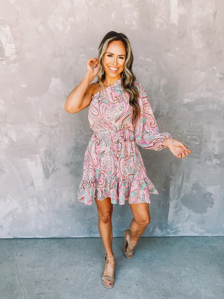

Fashion Single Shoulder Printed Dress Women Long Sleeve Vintage Mini Dresses Casual Women Clothing