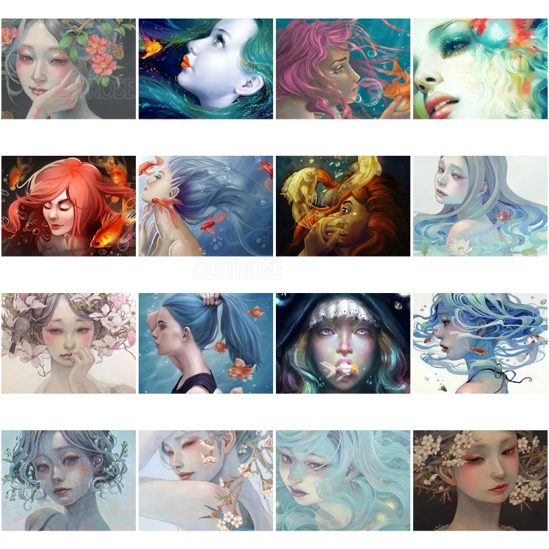 

Living Room Wall Art Diamond Painting Caricature Lake Bottom Goldfish Turn Girl Modern Style Background Cross Stitch Decoration