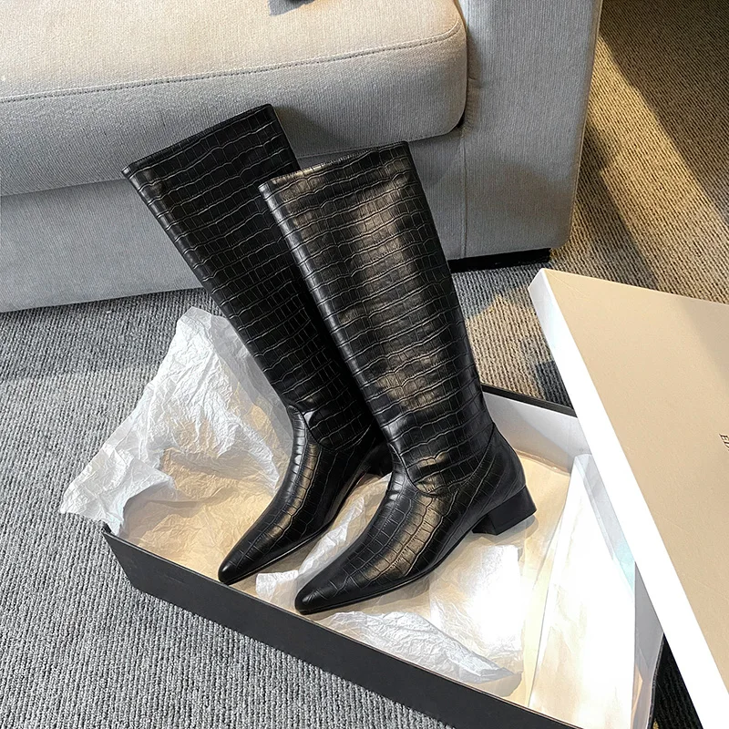 

Western Boots Women Knee High Cowboy Boots Fashion Pointed Toe Sewing Shoes Female High Heels Thick Shoes Ladies Winter