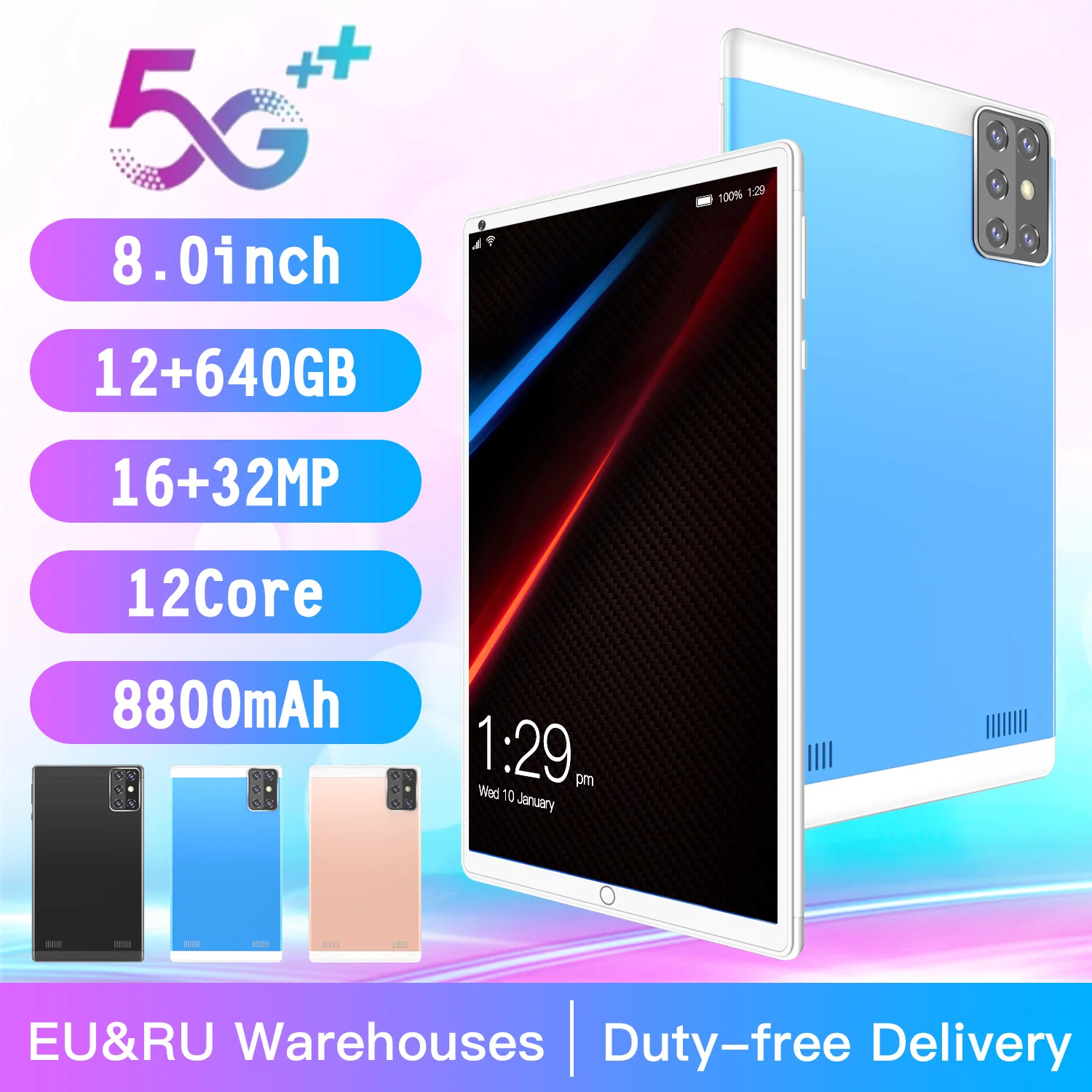 

Global version 8.0inch Tablets 2560 x 1600 12GB RAM 640GB ROM 12Core Android 10 4G Network Dual Wifi Table PC Type-c port Tablet