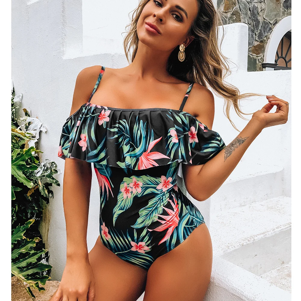 2021 Sexy One Piece Swimsuit Classic Off Shoulder Women Swimwear Ruffle Monokini Retro Floral Bodysuit Vintage Bathing Suit Girl | Спорт и