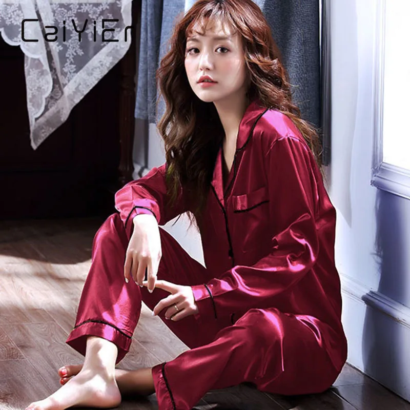 CAIYIER Soild Silk Satin Pajamas Set Blue Sexy Turn-down Collar Sleepwear For Women Long Sleeve Nightwear Winter Loungewear M-2L