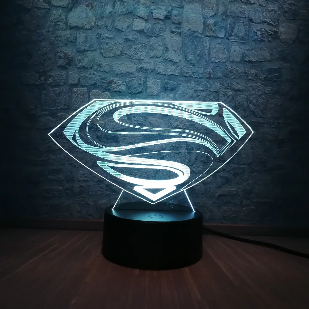 3D светодиодный DC Супермен логотип лампочки с символами, моделирующая лампа, 7 цветов, изменение иллюзии, настольный ночник, декор для комнаты, Детские вентиляторы, подарок, детская игрушка