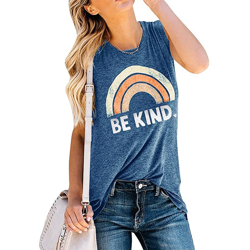 

Summer Tops For Women 2021 New Rainbow BE KIND Print Tank Tops Plus Size Women's Clothing Loose Sleeveless Vest Ladies