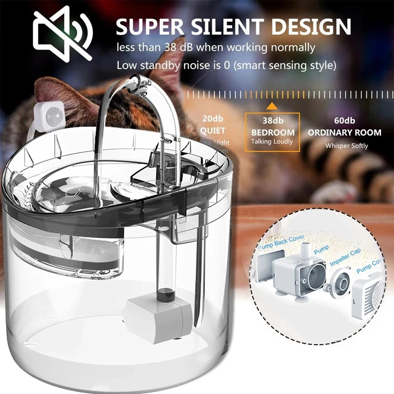 

2L Automatic Pet Cats Water Fountain Dispenser Filter Charge Mute Cat Feeder Kitten Drinker Bowl Dogs Waterer With Motion Sensor