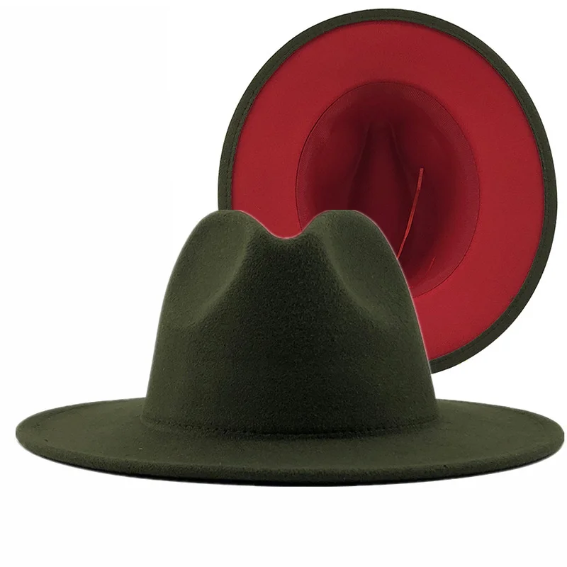 

Unisex Outer Army Green Inner Red Wool Felt Jazz Fedora Hats with Thin Belt Buckle Men Women Wide Brim Panama Trilby Cap L XL