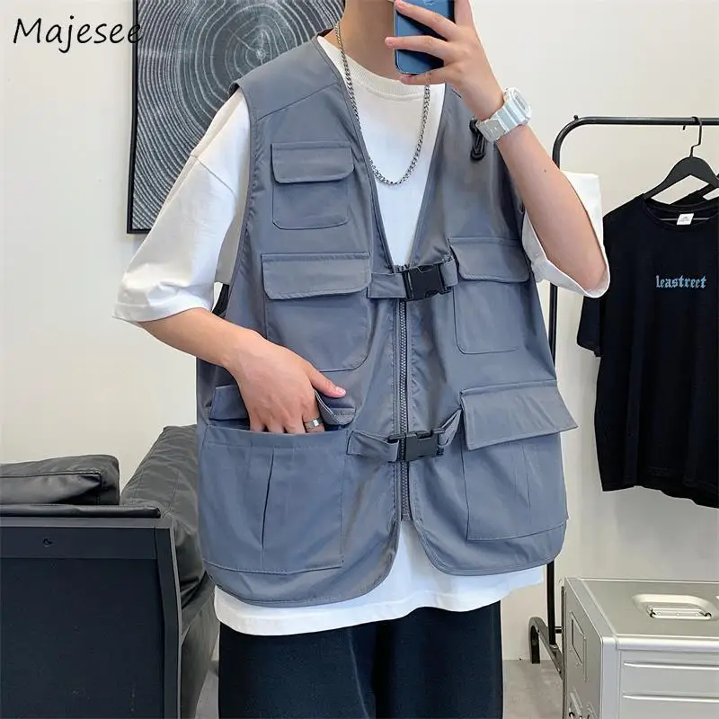 

Tooling Vests Men Summer Multi-pockets V-neck Zipper Waistcoats Outdoor Sleeveless Coats BF Tactical Vest Males Cargo Harajuku