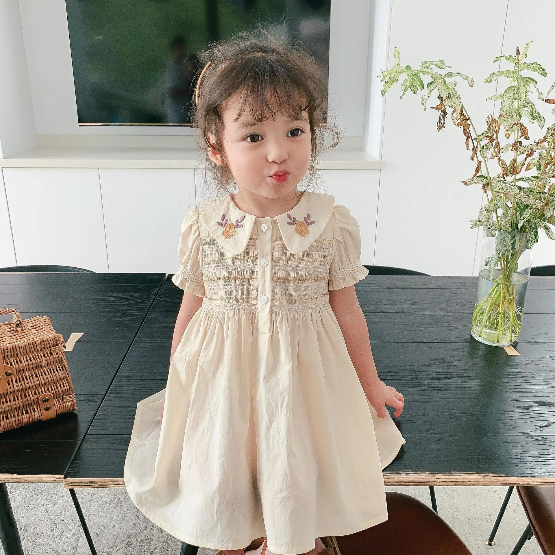 

New Summer Baby Clothes Dress 2021 Short Sleeve Embroidery Flower A Line Princess Dress Kids Girl Puff Sleeve Sundress