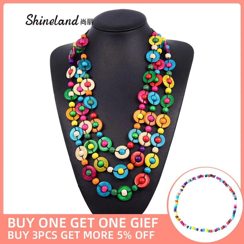 

Shineland Boho Colorful Coconut shell Wood Beads Pendant Necklaces Women Ethnic Jewelry Handmade Multi-layer Rope Chain Bijoux