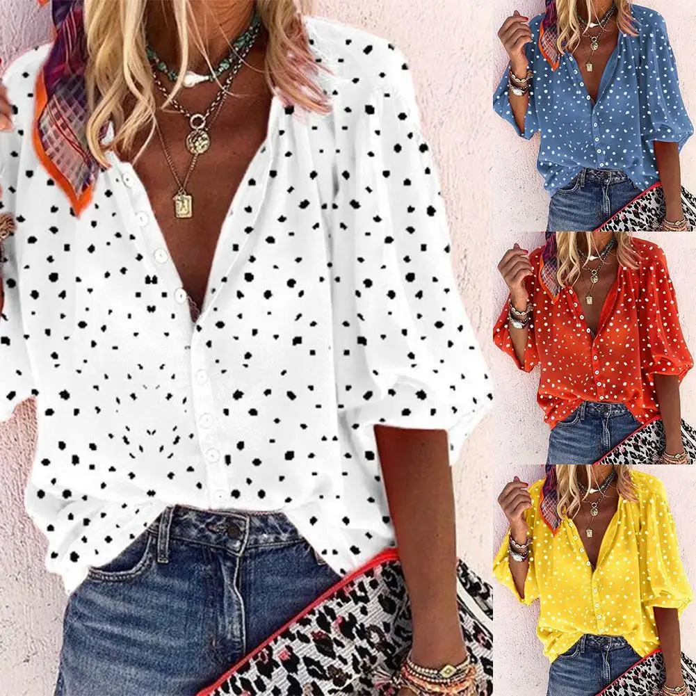 

Autumn Fashion Women Plus Size Snowflake Print 3/4 Sleeve V Neck Blouse Shirt