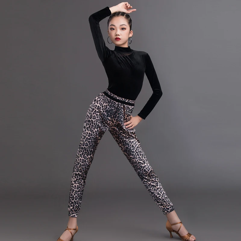 

New Children'S Latin Dance Practice Clothes Latin Dance Tops Leopard Pants Suits Girls Competition Dance Dress Costumes DQS5749