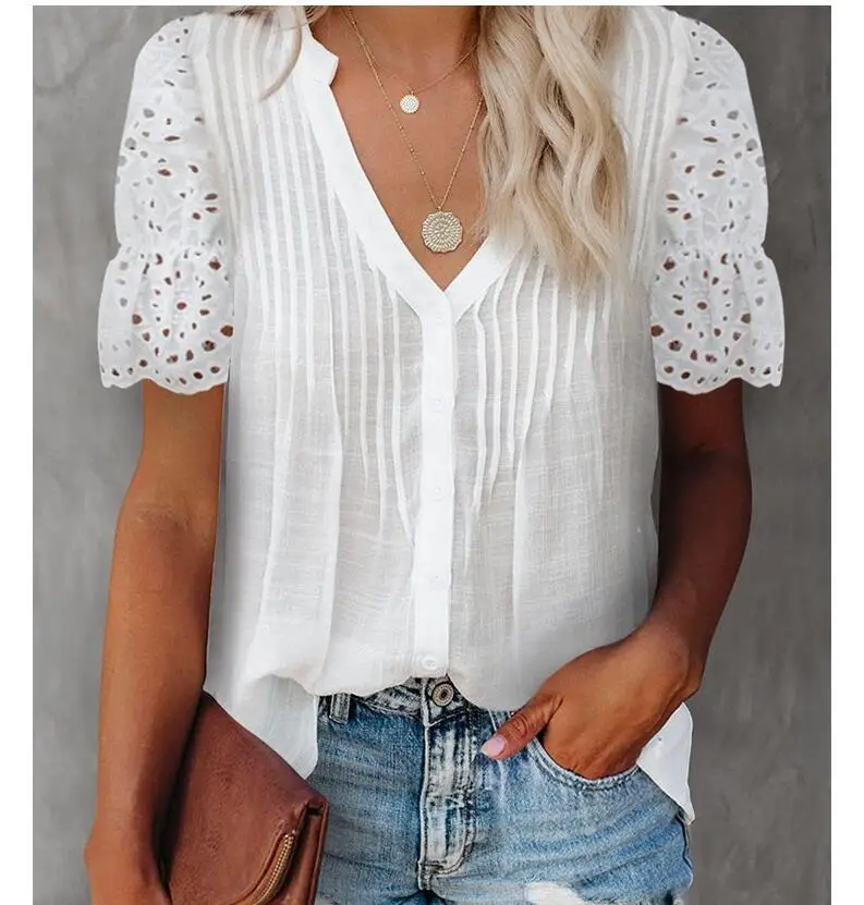 

Блузка женская с V-образным вырезом, модный белый кружевной топ в стиле пэчворк, милая Летняя Повседневная офисная рубашка, Топ