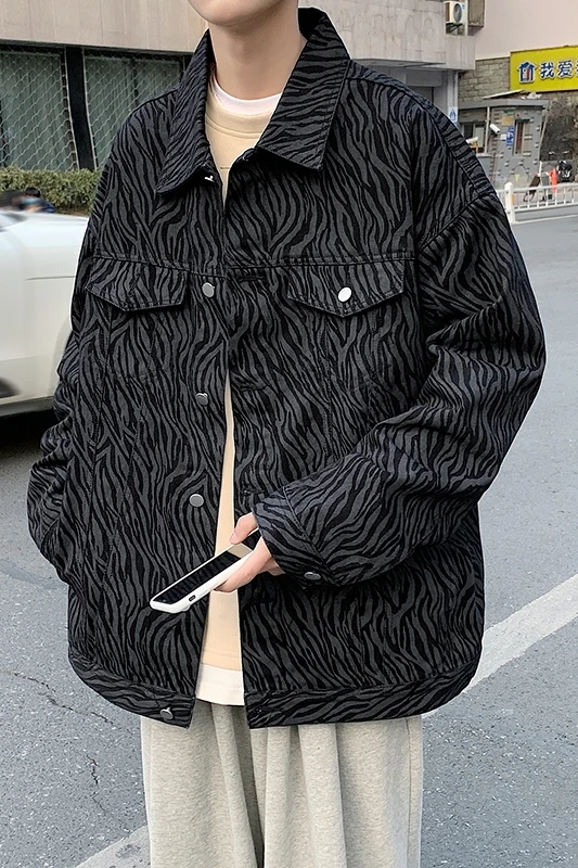 

Spring and Autumn Zebra Print Workwear Jacket Korean Style Loose Ins Men's Clothes Trendy Handsome Denim Jacket
