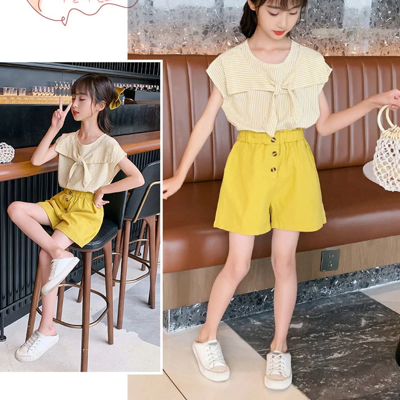

Girls Summer Set 2021 New Korean Fashion Bow Shawl Dried Short Shirt + Shorts Big Children Shorts Two-piece Young Children Wear