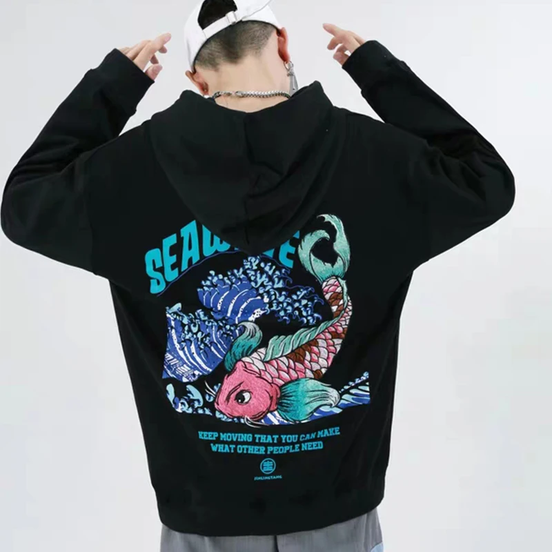 

Men Hip Hop Graffiti Hoodie Sweatshirt Streetwear Harajuku Hoodie Embroidered Carp Koi Fish Seawave PrintAutumn Hooded Pullover