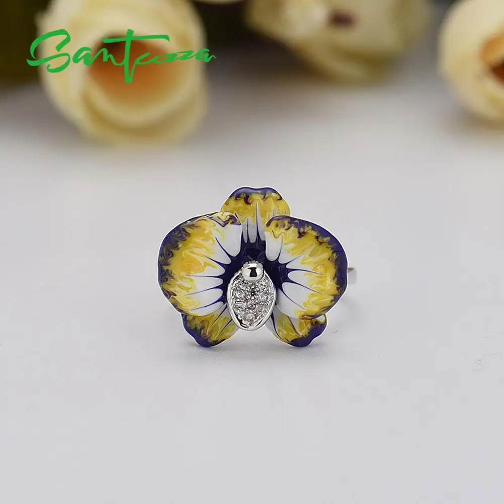 Серебряное кольцо для женщин SANTUZZA, 925 пробы, серебряное, фиолетовое, Цветущий цветок, кольцо с кубическим цирконием, вечерние, шикарные ювелирные изделия ручной работы, эмаль
