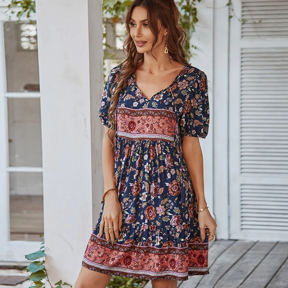 

Khalee Yose Boho Floral Printed Mini Dress Bohemain Vintage Summer Chic Women Dresses Ruffles V-neck Sexy Holiday Ladies Dress