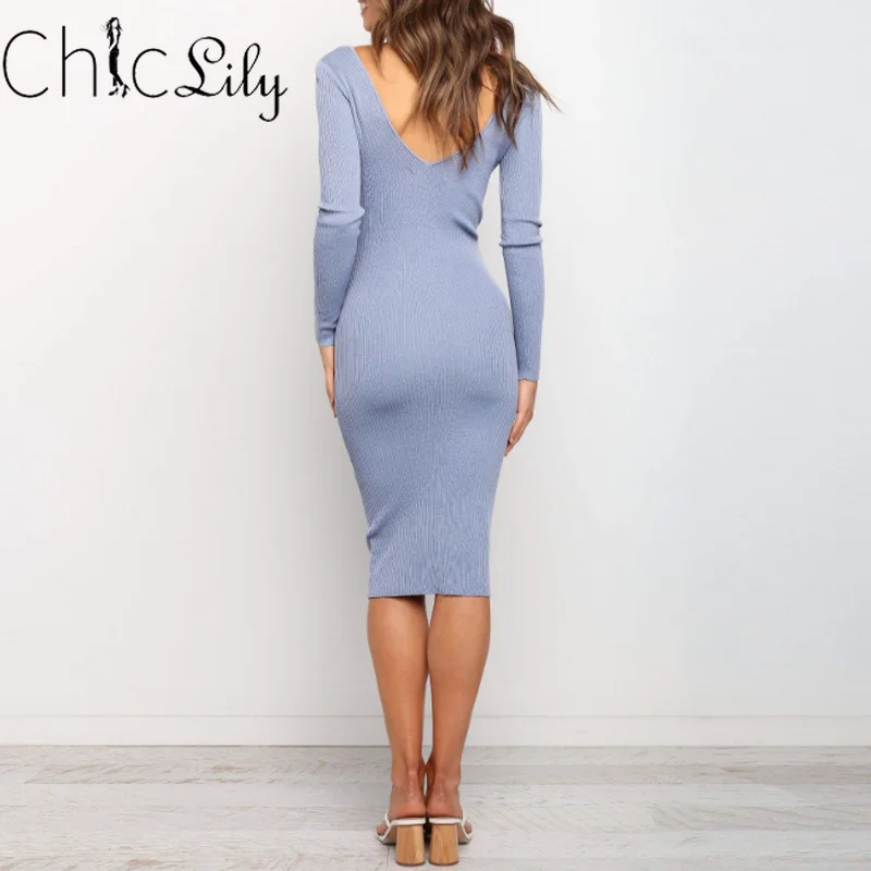 

Chiclily Sexy Long Sleeve Knitted Dress V-Neck Casual Slim Waistband Midi Dress