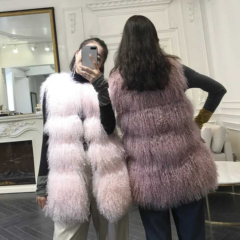 Женский жилет из натурального монгольского овечьего меха на весну осень и зиму