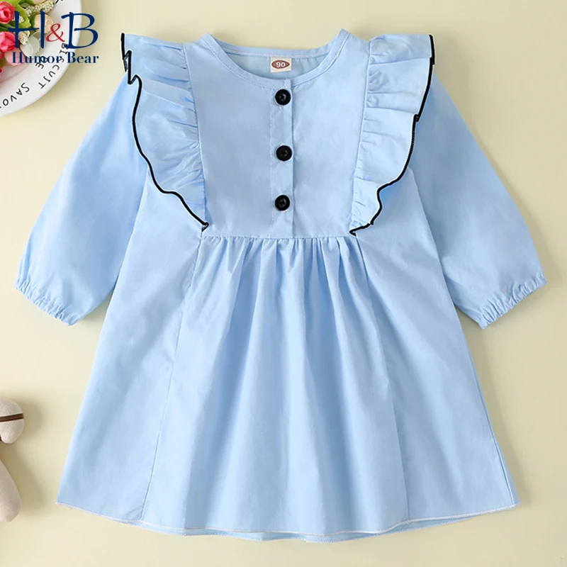 

Humor Bear Girls Long Sleeve Dresses 2022 Spring New Ruffle Solid Color Children's Knee-length Kids Dress