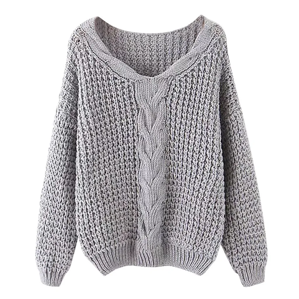 Женские свитера Модный женский пуловер однотонный длинный рукав v-образный вырез