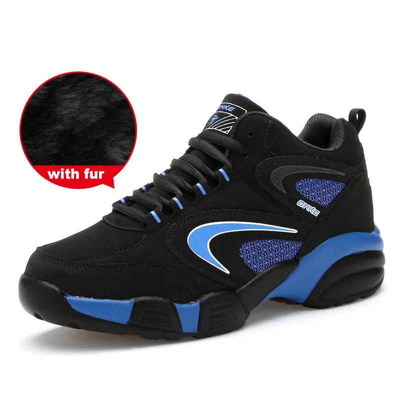 blue with fur Мужская и женская зимняя теплая спортивная обувь, брендовые теплые кроссовки для бега, черные меховые спортивные кроссовки, кожаные спортивные кроссовки для мужчин - Цвет: blue with fur