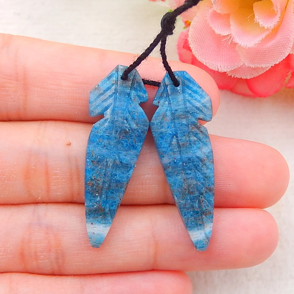 Semi-precious Stones Jewelry accessories Natural Blue Apatite Crystal Carved Feather Earring Beads 33x11x4mm 4.8g | Украшения и