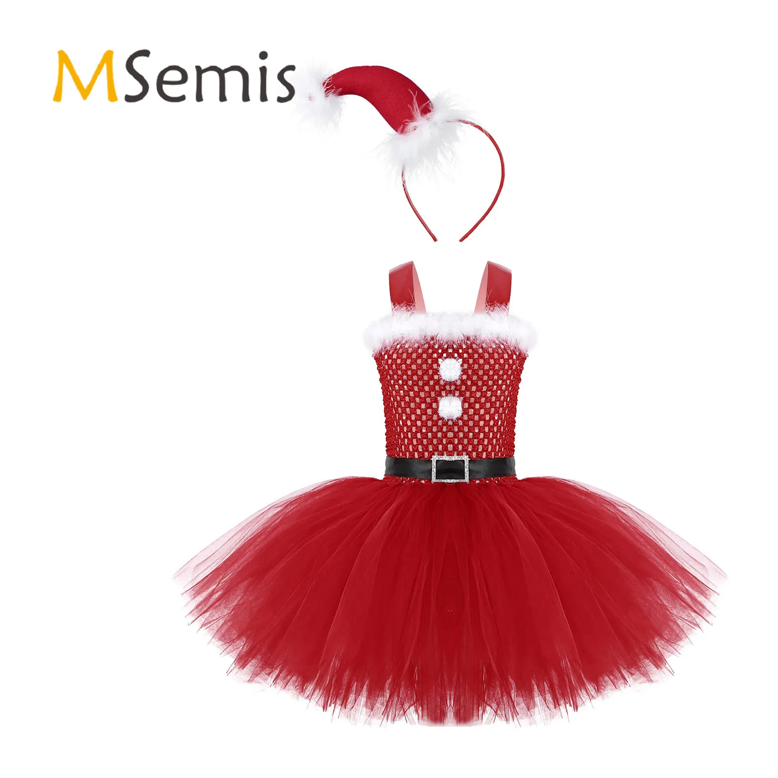 

Red Kids Girls Stretchy Bodice Mesh Cami Dress with Hair Hoop Set Straps Self Tie Closure Christmas Carnival Cosplay Costume