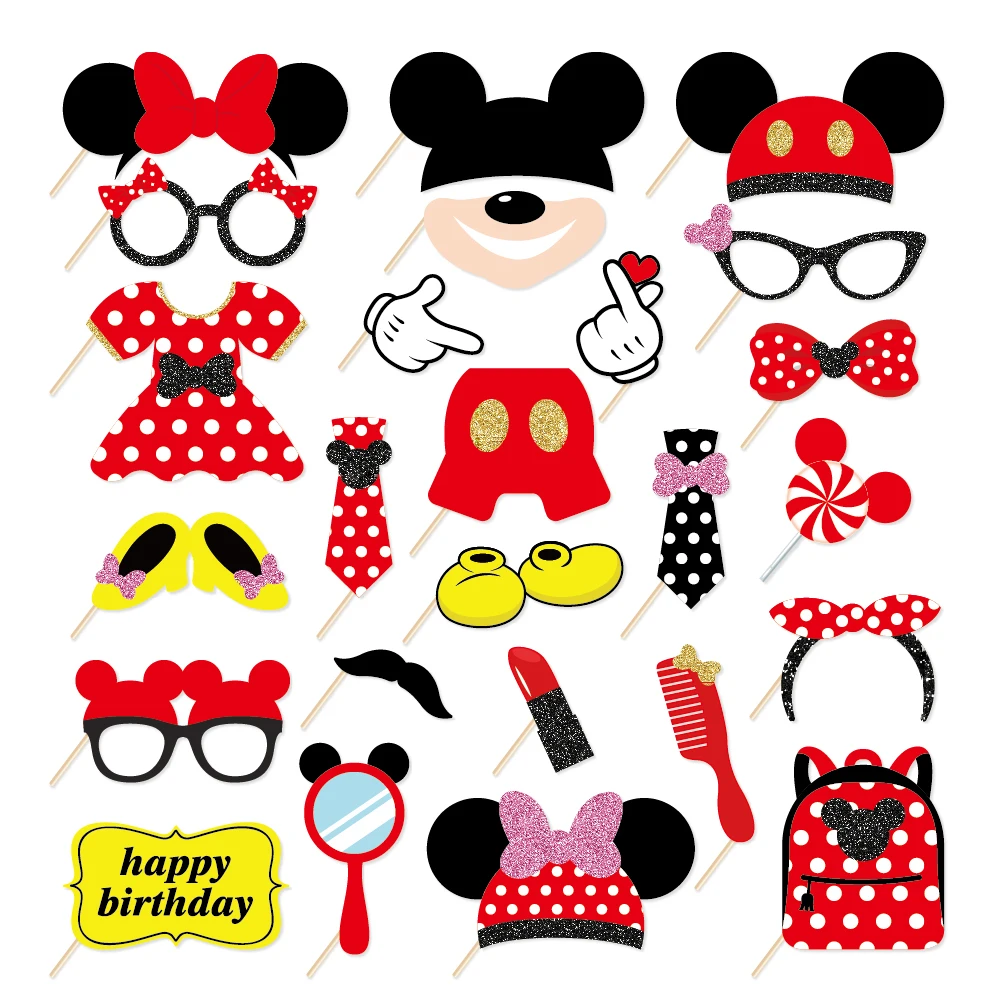 

Red Minnie Photo Booth Props with Stick Mini Mouse Theme Selfie Props Birthday Party Supplies Photography Backdrop Decorations
