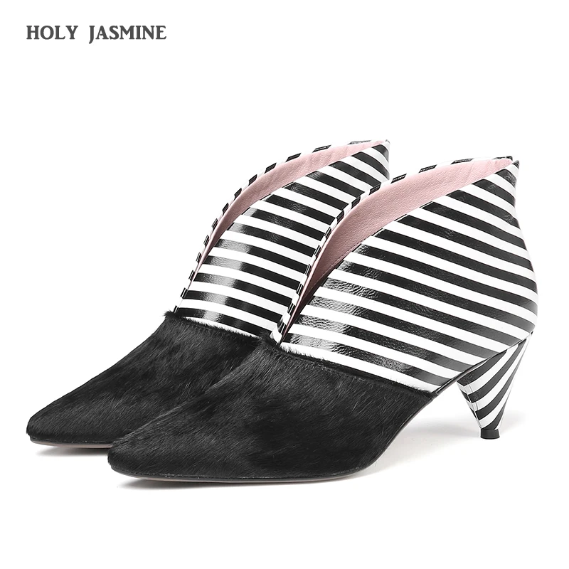 Женские ботильоны с принтом зебры из конского волоса острым носком без застежки