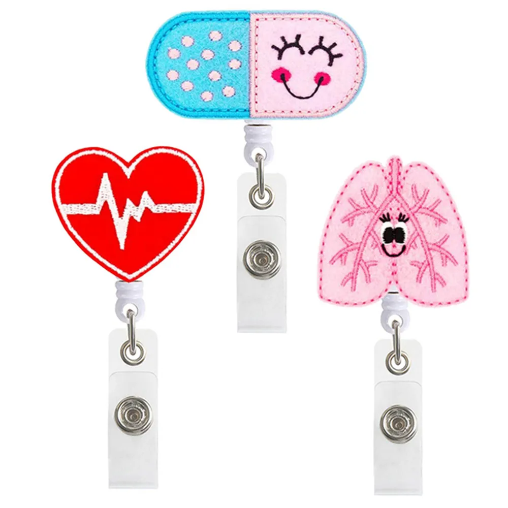

Cute Felt Embroidery Smile Heart Shape Retractable Nurse Badge Reel Clip Badge Holder Students Doctor Id Card Holder