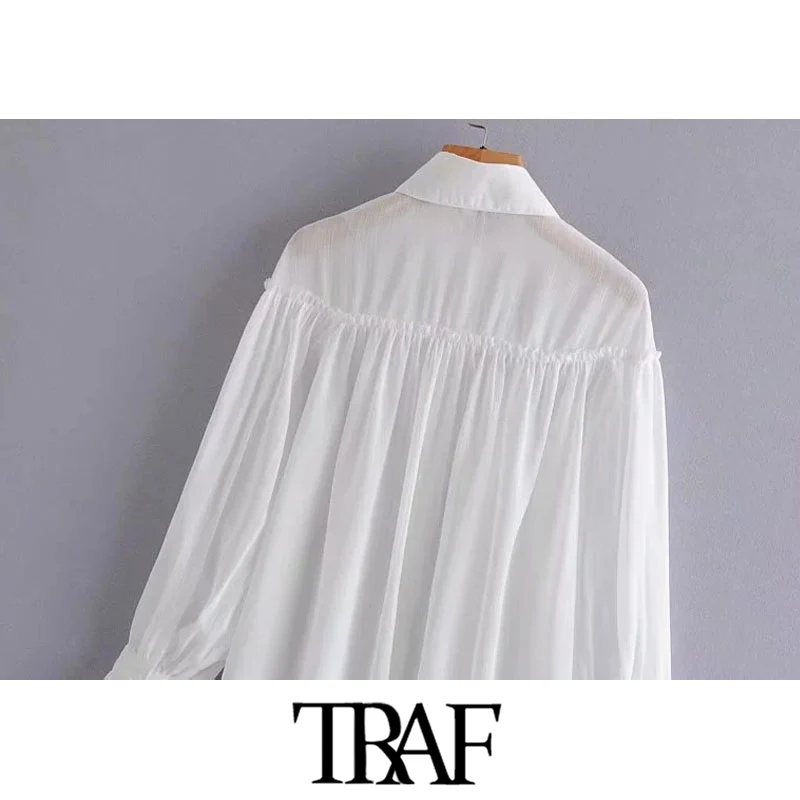 

TRAF Women Fashion Semi-Sheer Loose White Blouses Vintage Long Sleeve Button-up Female Shirts Blusas Chic Tops