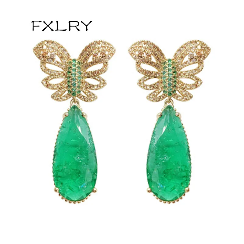 

FXLRY elegant butterfly hollow out green color broken cz golden drop earring for women bridal Jewellery