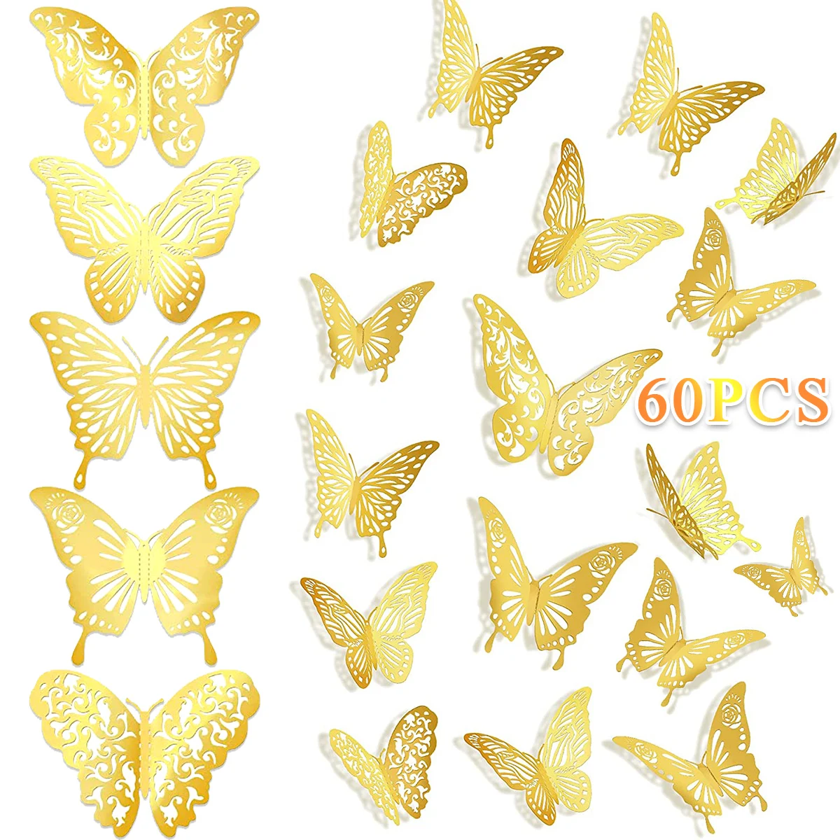 

60Pcs 3D Butterfly Wall Decor Stickers Removable Gold Hollow Butterfly Wall Decals for Party Wedding Home Bedroom Living Room