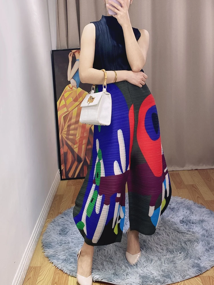 Changpleat 2021 spring summer new printed pants Miyak Pleated Fashion design cropped pants Loose Large Size wide leg pants Tide