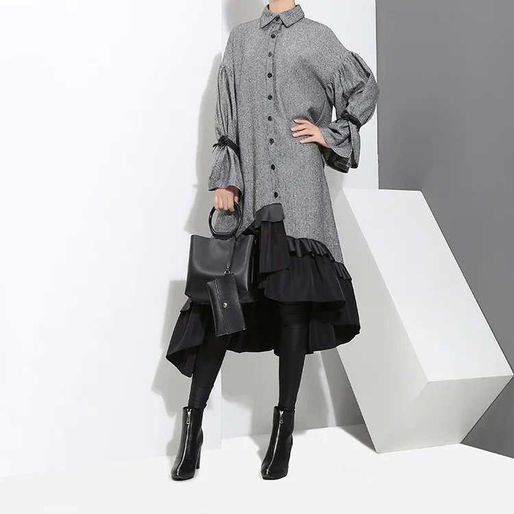 

Woman high fashion streetwear Midi Long Sleeve Ruffle dress big size Spring Hem Vintage DressT271