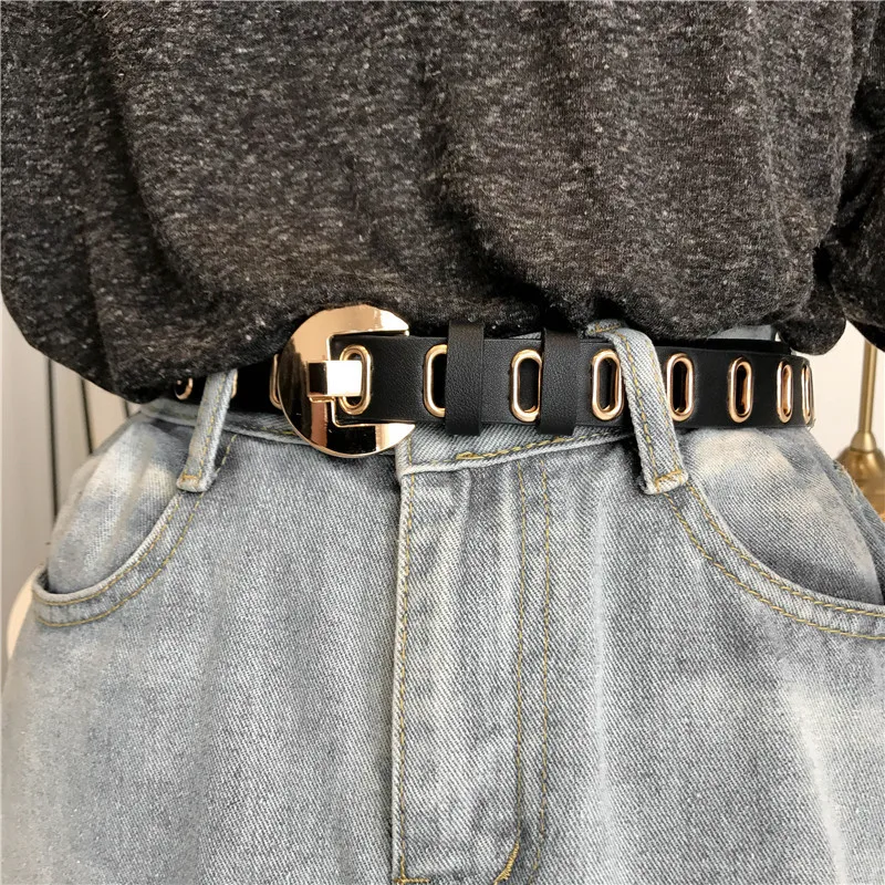 

Top Quality Luxury Female Belt Oval Holes D-Shape Pin Buckle Rivet Fashion Belts For Women Jeans Sword Punk Gothic Waistband INS