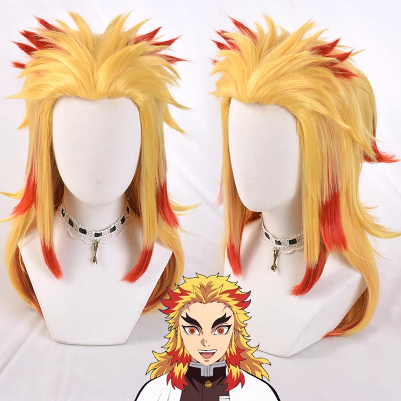 

Anime Demon Slayer Rengoku Kyoujurou Blonde Ombre Wig Cosplay Costume Men Women Heat Resistant Pontail Hair Wigs + Wig Cap