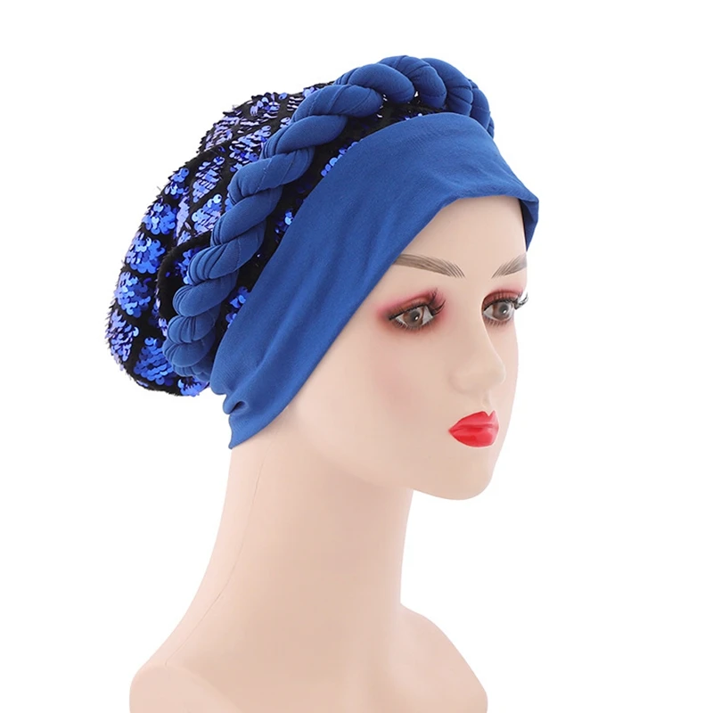 

2021 NEW African Auto Geles Aso Oke Headtie Sequins Women's Turban Cap Ready Female Head Wraps Already Made Headties Wedding Hat