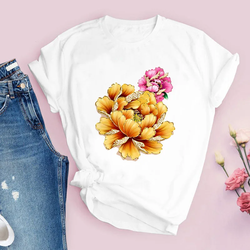 

Women T-shirt Flower Printing Graphic Ladies Tee Tops Short Sleeve 90s Fashion Cartoons Clothes Summer Womens T Shirt 2021