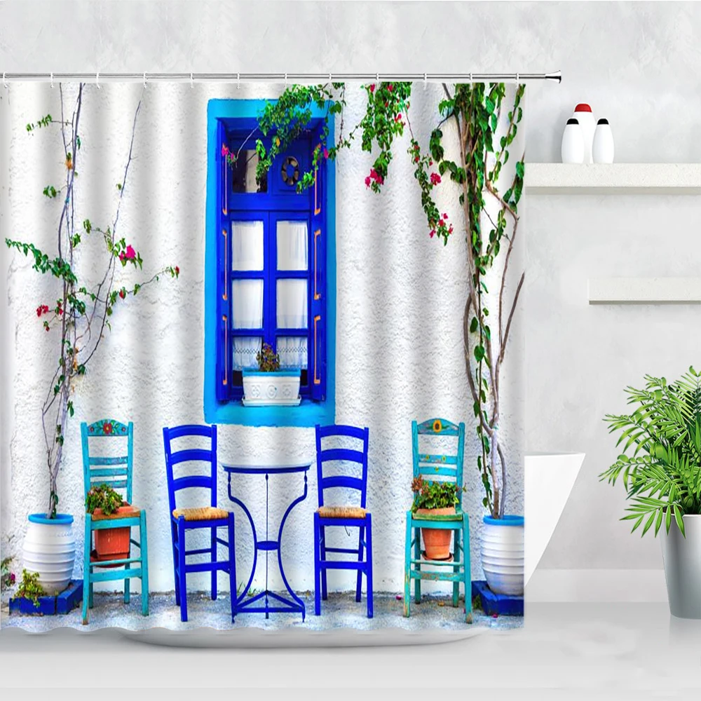 red flowers blue greek door with a sea view on island shower curtains waterproof fabric bathroom curtain set home bathtub decor free global shipping