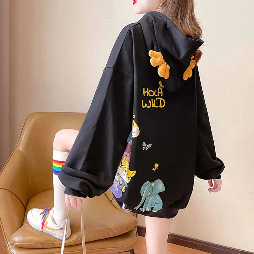 

Black White Purple Cartoon Printed Hoodies Loose Cotton Casual Hoodies Sweatshirts Pullovers Cute Hooded Sweatshirts Femme