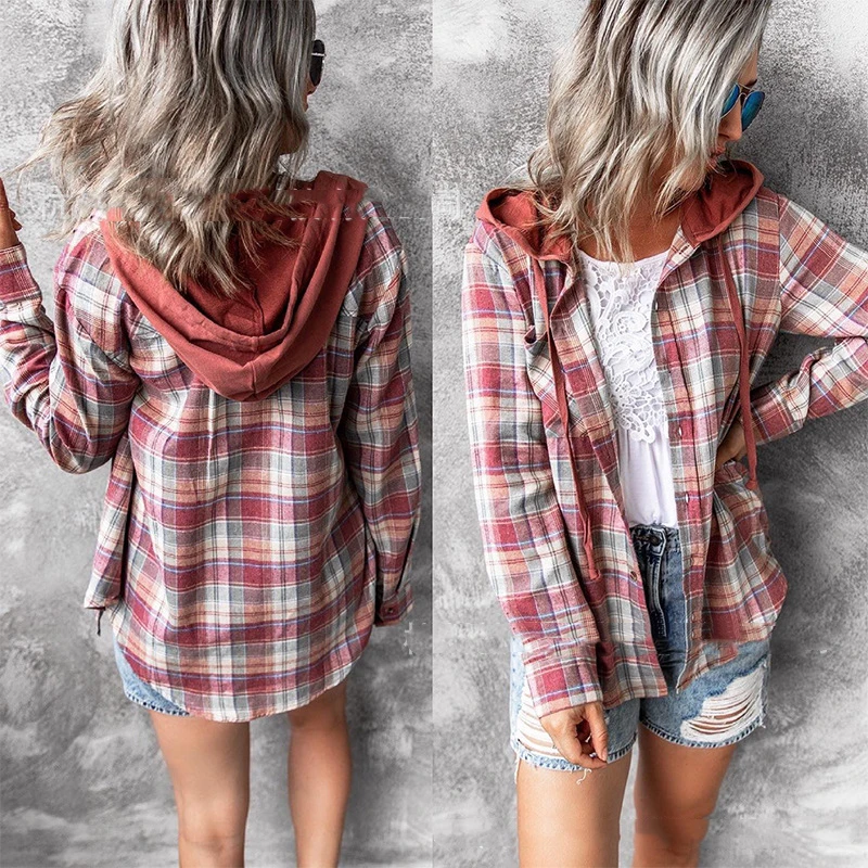

Женская клетчатая рубашка Lugentolo с капюшоном, Модные осенние свободные рубашки с длинным рукавом и карманами, однобортные повседневные топы для женщин
