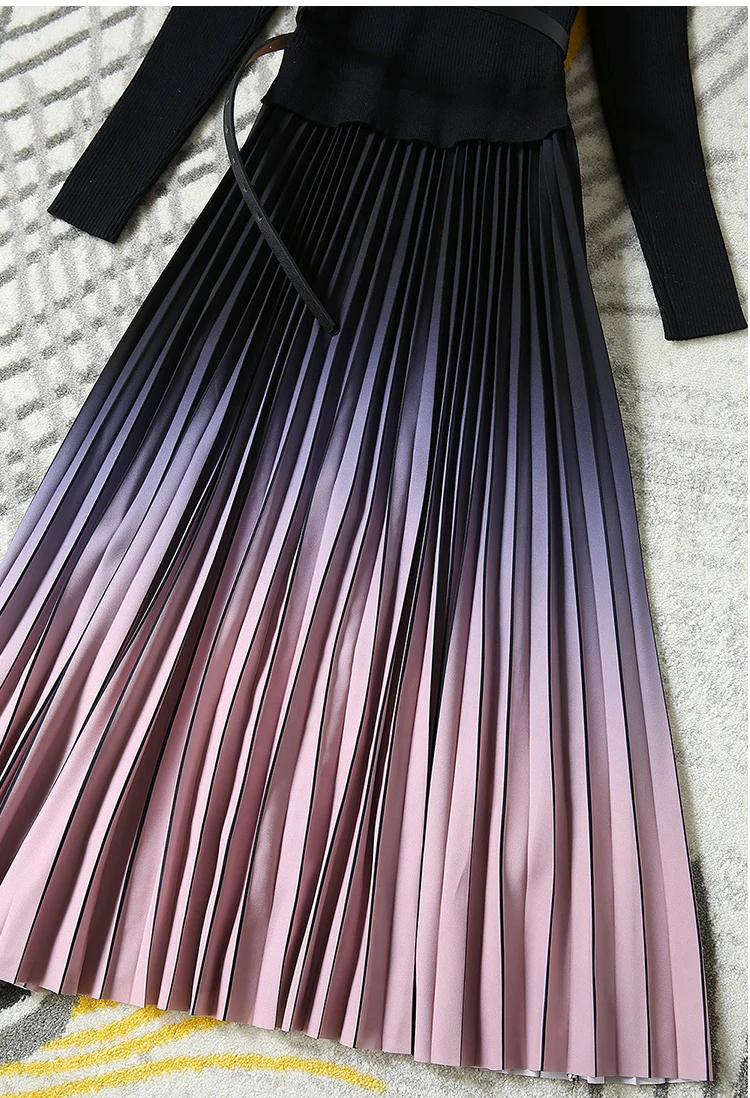 Женское весенне-осеннее трикотажное плиссированное платье миди в стиле пэчворк -