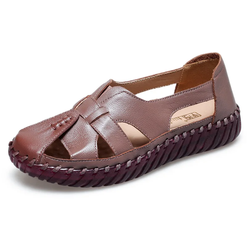 

2021 Genuine Leather Women Flats Hollow Woman Shoes Summer Women's Loafers Breathable Beach Female Sandals Big Size 35-42